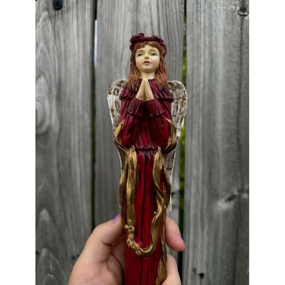 Angel Christmas Decor Figurine Burgundy Red Gold Rustic Praying Statuette